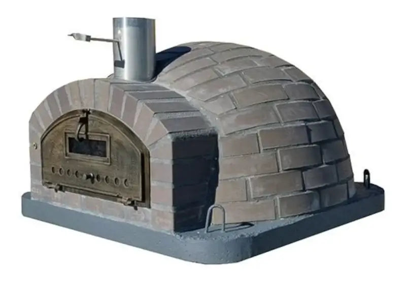 Lume Largo Tudo pizza oven with gray cast stone brick pattern cladding over the full low dome, viewing window door, and stainless chimney spout