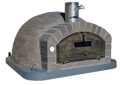 Lume Largo Tudo pizza oven from the side showing the gray cast stone brick pattern over the whole low dome and the stainless spout with damper