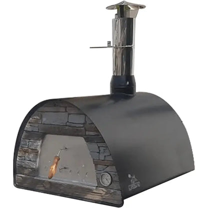 Authentic Pizza Ovens Maximus Mobile pizza oven in Black, three quarter view showing the gray stacked stone front, stainless door with wooden handle, thermometer, and stainless chimney with cap