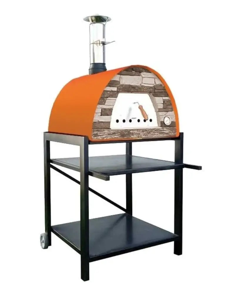 Orange Maximus Mobile pizza oven on the black Authentic Pizza Ovens rolling stand with two shelves and a side table