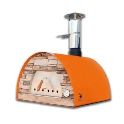 Authentic Pizza Ovens Maximus Mobile pizza oven in Orange, three quarter view showing the sand toned stacked stone front, stainless door with wooden handle, thermometer, and stainless chimney with cap