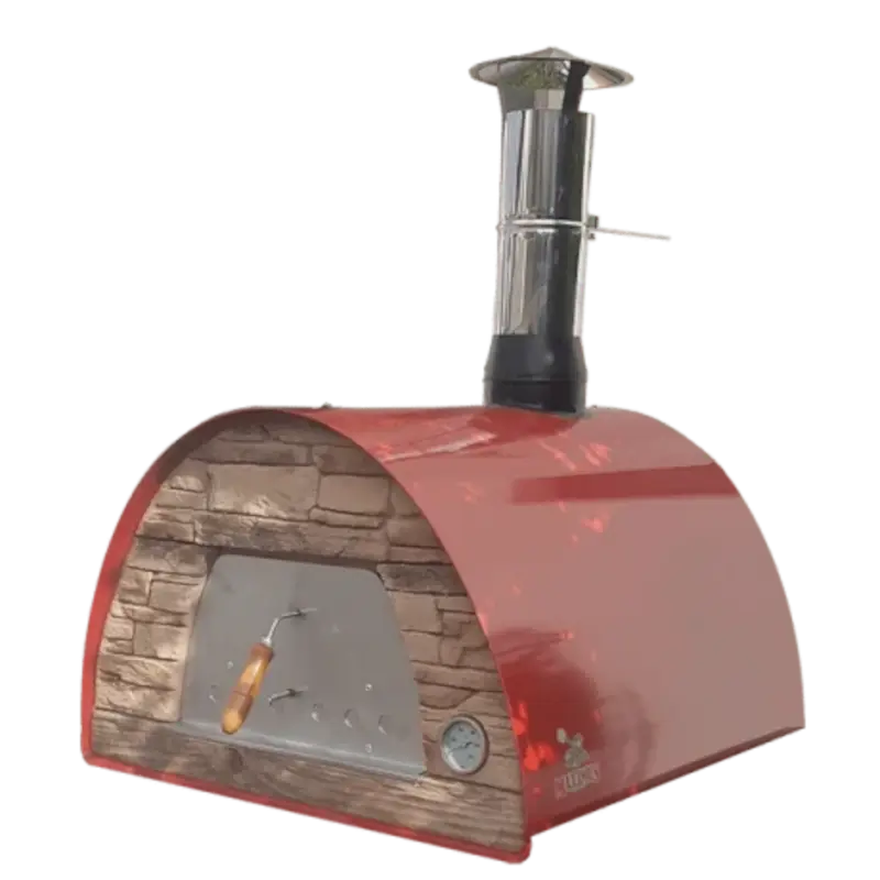 Authentic Pizza Ovens Maximus Mobile pizza oven in Red, three quarter view showing the sand toned stacked stone front, stainless door with wooden handle, thermometer, and stainless chimney with cap