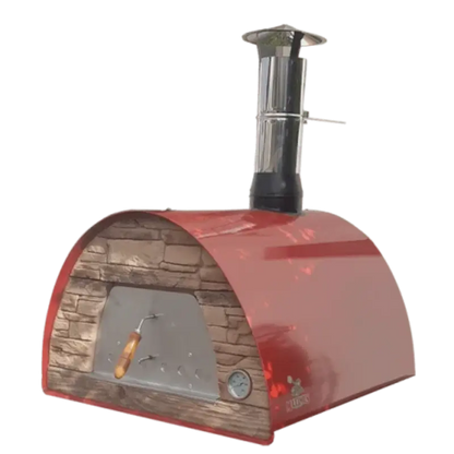 Authentic Pizza Ovens Maximus Mobile pizza oven in Red, three quarter view showing the sand toned stacked stone front, stainless door with wooden handle, thermometer, and stainless chimney with cap