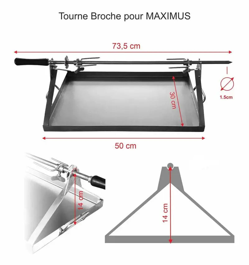 Dimension drawing of the Maximus Mobile rotisserie spit showing the 73.5 cm rod, 1.5 cm rod diameter, 50 by 30 cm drip pan, and 14 cm rod height above the pan