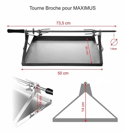 Dimension drawing of the Maximus Mobile rotisserie spit showing the 73.5 cm rod, 1.5 cm rod diameter, 50 by 30 cm drip pan, and 14 cm rod height above the pan