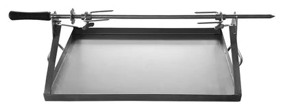 Authentic Pizza Ovens Maximus Mobile rotisserie spit, straight on, with the stainless rod, two forks, and turned handle mounted over the stainless drip pan