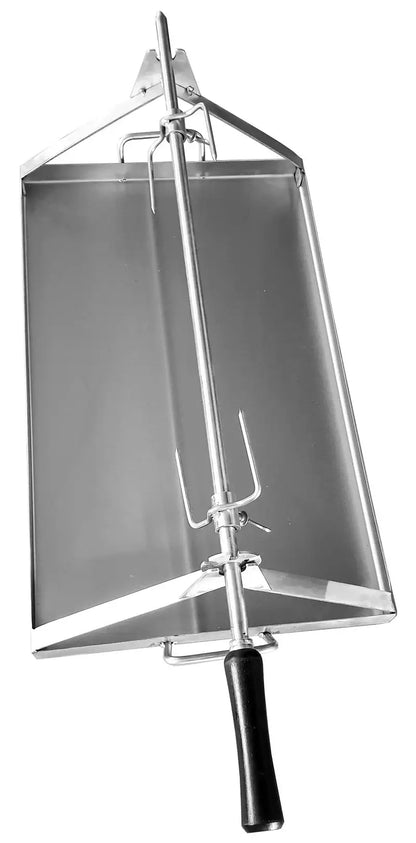 Maximus Mobile rotisserie spit seen from above along the rod, forks and wing nut collar over the length of the drip pan, handle at the near end