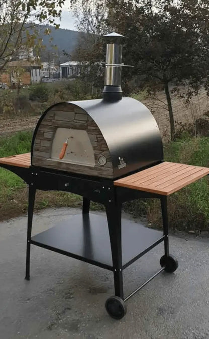 Authentic Pizza Ovens Maximus Mobile pizza oven stand, the Woody, with a black Maximus on top, both wood slat side shelves extended, lower steel shelf, and two wheels