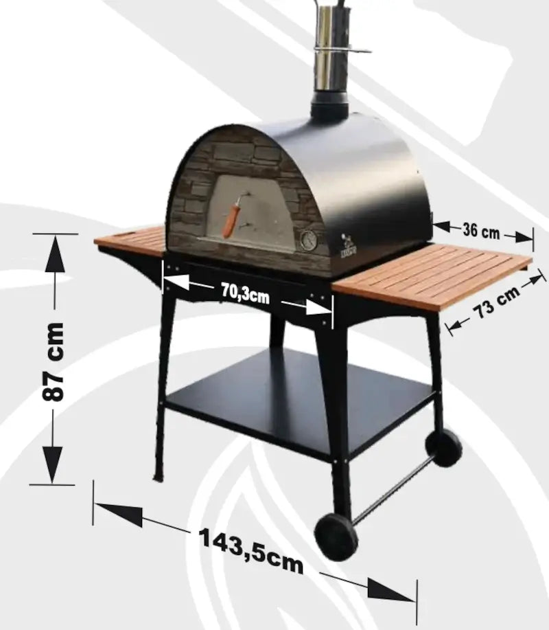 Dimension drawing of the Maximus Mobile Woody stand showing 70.3 cm frame width, 143.5 cm overall width with shelves out, 87 cm height, and 36 by 73 cm side shelves