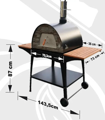 Dimension drawing of the Maximus Mobile Woody stand showing 70.3 cm frame width, 143.5 cm overall width with shelves out, 87 cm height, and 36 by 73 cm side shelves