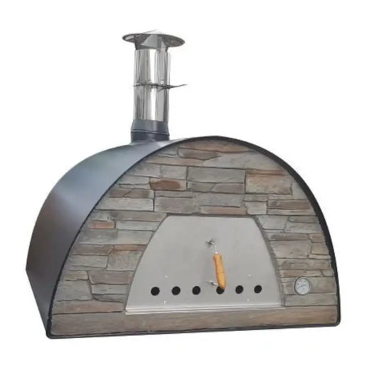 Authentic Pizza Ovens Maximus Prime pizza oven in Black, three quarter view showing the gray stacked stone front, stainless door with wooden handle, thermometer, and stainless chimney with cap