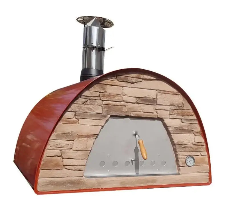 Authentic Pizza Ovens Maximus Prime pizza oven in Red, three quarter view showing the sand toned stacked stone front, stainless door with wooden handle, thermometer, and stainless chimney with cap