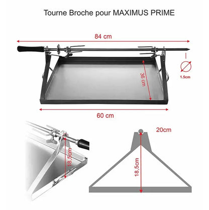 Maximus Prime rotisserie spit dimensions drawing: 84 cm rod, 1.5 cm diameter, 60 by 36 cm drip pan, rod 18.5 cm above the pan on 20 cm wide end supports
