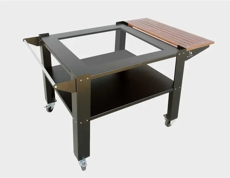 Bello pizza oven stand for the Maximus Prime, studio view with the wood side shelf extended, the utensil rail on the opposite side, and the open top frame