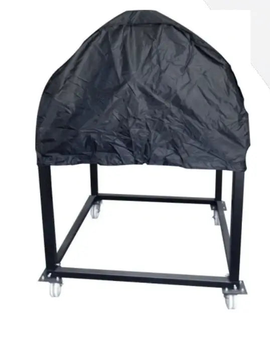 Authentic Pizza Ovens traditional oven cover front view, black polyester with PVC backing draped over a pizza oven