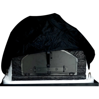 Authentic Pizza Ovens XL oven cover pulled over a stone finish brick pizza oven with the cast aluminum door showing