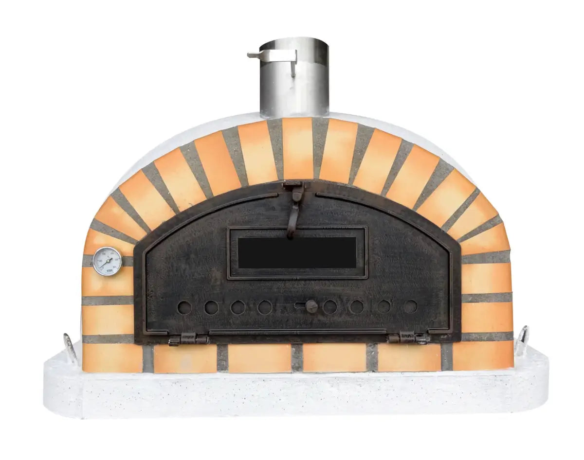 Authentic Pizza Ovens Pizzaioli Premium front view with terracotta brick arch, black cast aluminum door with viewing window, and dial thermometer