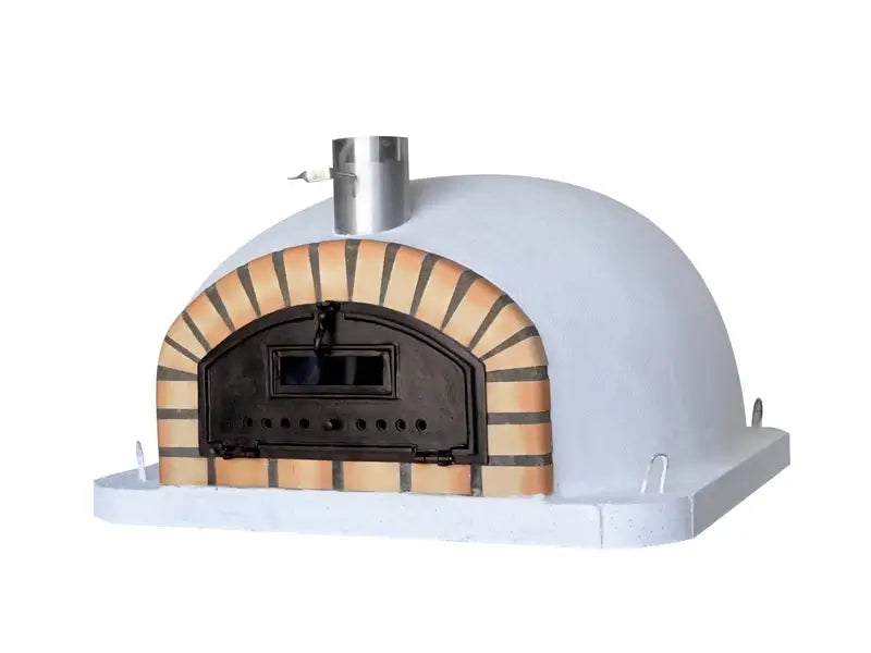 Pizzaioli Premium brick pizza oven three quarter view showing the white render dome, terracotta arch, and cast aluminum chimney spout
