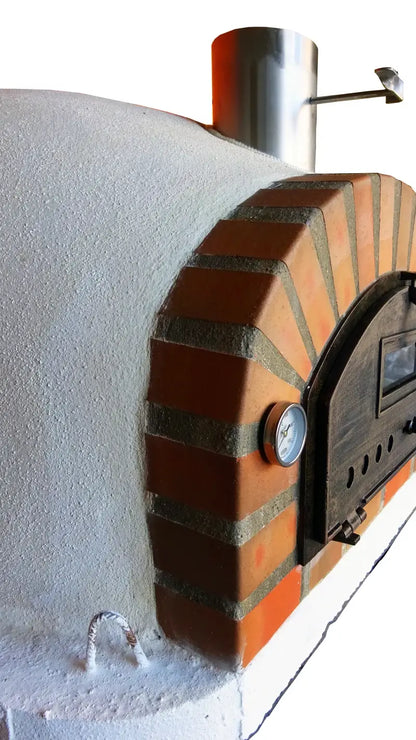Close side view of a Pizzaioli Rustic Arch where the white render dome meets the tumbled brick arch, thermometer and door edge visible