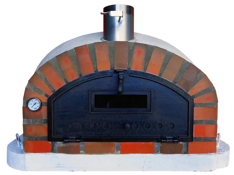 Authentic Pizza Ovens Pizzaioli Rustic Arch front view with tumbled red brick arch, black cast aluminum door with viewing window, and dial thermometer
