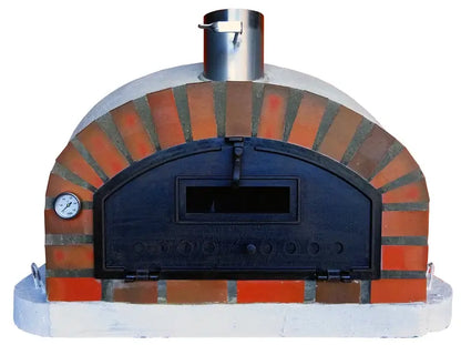 Authentic Pizza Ovens Pizzaioli Rustic Arch front view with tumbled red brick arch, black cast aluminum door with viewing window, and dial thermometer