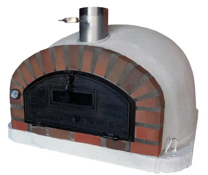 Authentic Pizza Ovens Pizzaioli Rustic Arch from the left showing the low white dome and mixed tone brick arch around the door