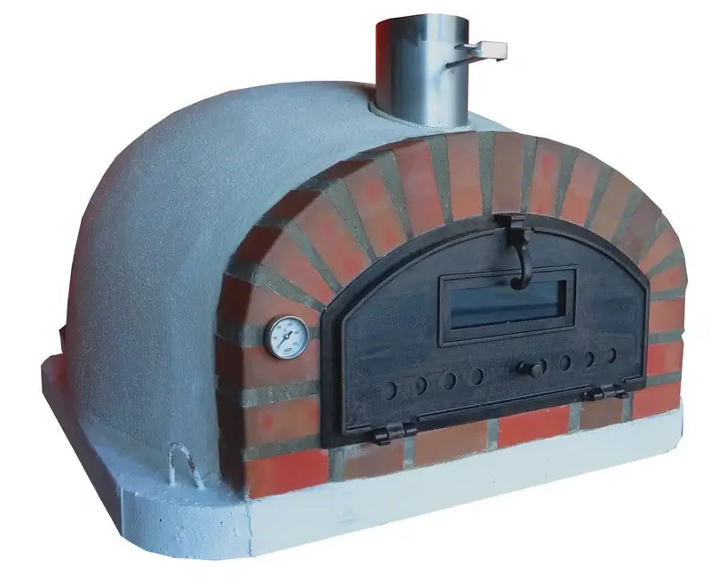 Pizzaioli Rustic Arch three quarter view showing the white render dome, tumbled brick arch, and cast aluminum chimney spout