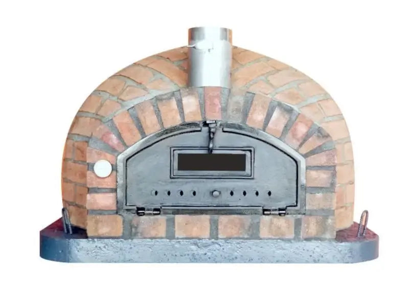 Authentic Pizza Ovens Rustic Pizzaioli front view with tumbled brick over the entire dome, black cast aluminum door with viewing window, on the dark base slab