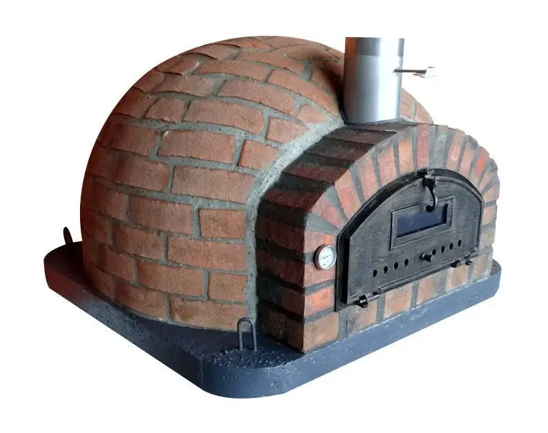 Authentic Pizza Ovens Rustic Pizzaioli from the left showing hand laid brick wrapping the low dome down to the base and the hoisting eyelet