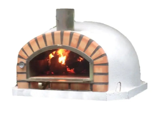 Authentic Pizza Ovens Pizzaioli Standard front view with terracotta brick arch, iron door open, and fire burning on the brick floor