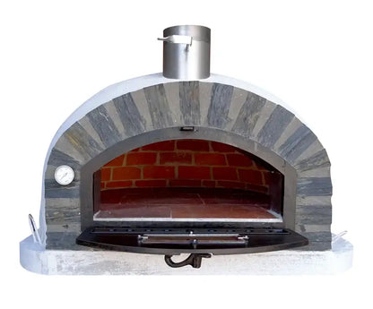 Pizzaioli Stone Arch with the cast aluminum door dropped down showing the fire brick chamber and cooking floor through the wide mouth