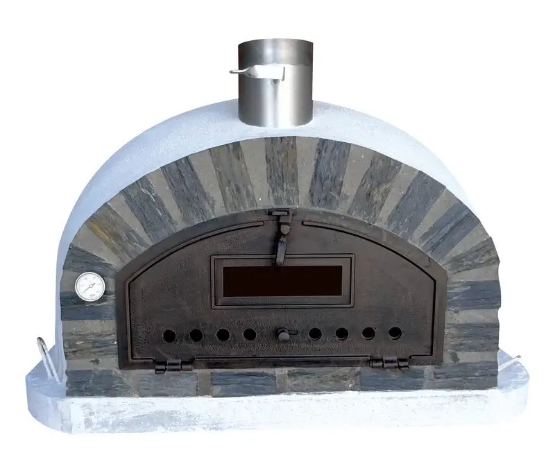 Authentic Pizza Ovens Pizzaioli Stone Arch front view with natural slate stone arch, black cast aluminum door with viewing window, and dial thermometer