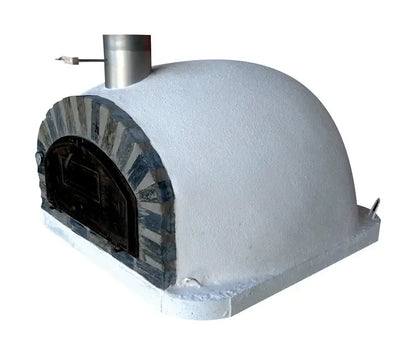Authentic Pizza Ovens Pizzaioli Stone Arch from the left showing the low white dome and stone arch around the door