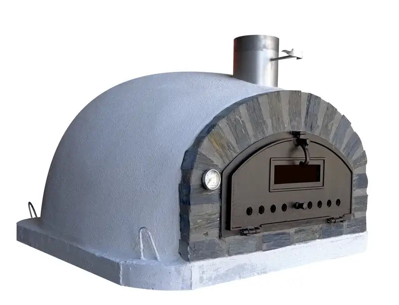 Pizzaioli Stone Arch three quarter view showing the white render dome, slate arch, and cast aluminum chimney spout