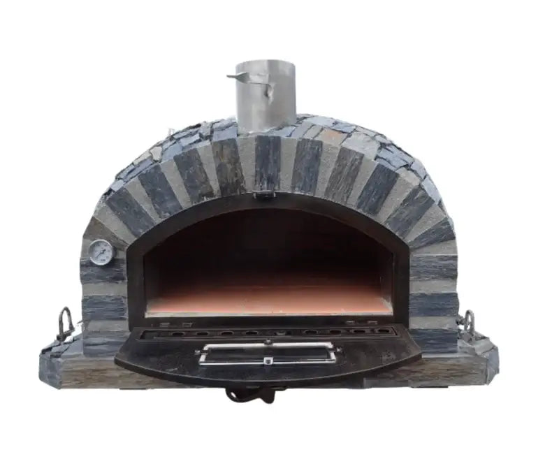 Pizzaioli Stone Finish with the cast aluminum door dropped down showing the fire brick chamber and terracotta cooking floor