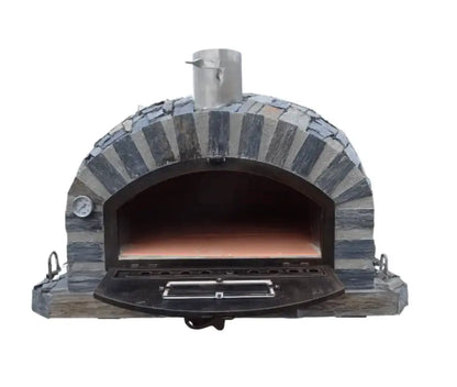 Pizzaioli Stone Finish with the cast aluminum door dropped down showing the fire brick chamber and terracotta cooking floor