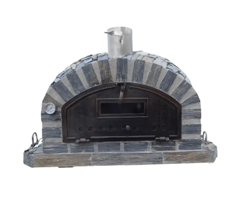 Authentic Pizza Ovens Pizzaioli Stone Finish front view with natural slate cladding over the full dome, black cast aluminum door with viewing window, and dial thermometer