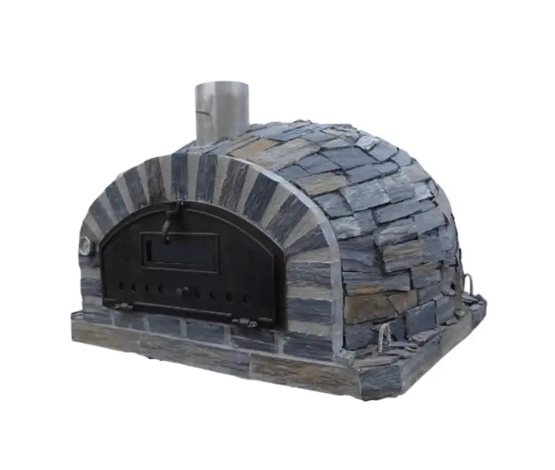 Pizzaioli Stone Finish three quarter view showing the slate stone cladding wrapping the low dome and the cast aluminum chimney spout