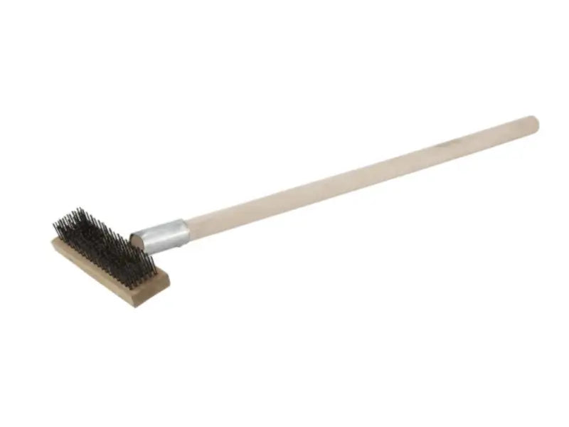 27 inch wooden handled wire oven brush from the Authentic Pizza Ovens starter kit for sweeping the cooking floor