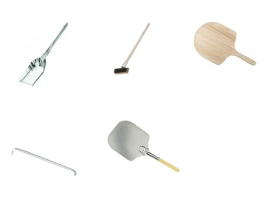 Authentic Pizza Ovens starter kit, five piece pizza oven tool set: aluminum peel, wooden peel, oven brush, ash shovel, and pizza turner