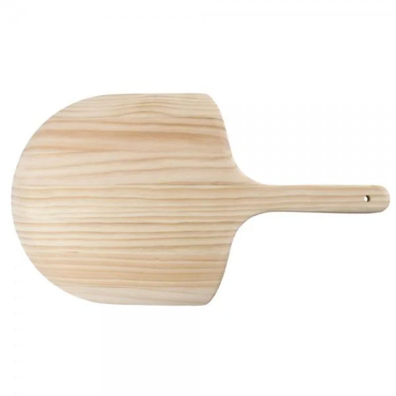 Wooden pizza peel with 12 by 14 inch blade and short handle from the Authentic Pizza Ovens starter kit, for serving and prep