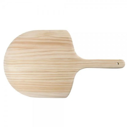 Wooden pizza peel with 12 by 14 inch blade and short handle from the Authentic Pizza Ovens starter kit, for serving and prep