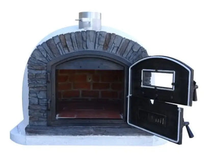 Ventura Preto pizza oven with both halves of the Dutch door open showing the fire brick interior and cooking floor