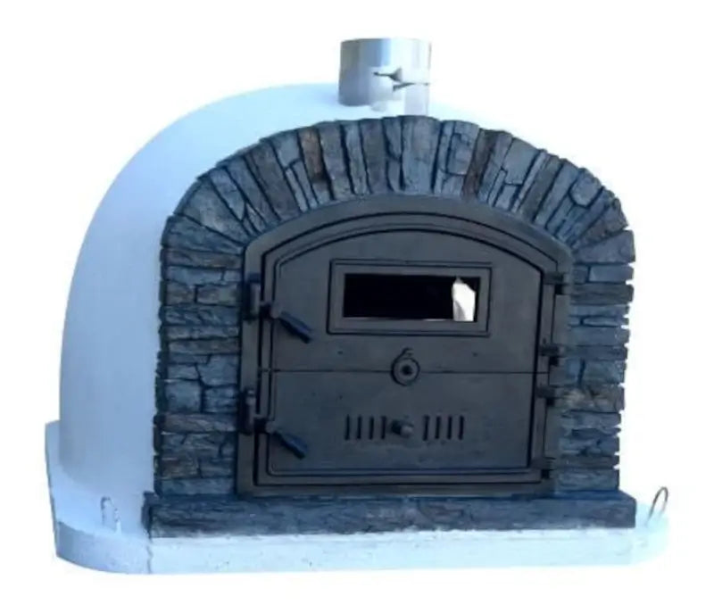 Authentic Pizza Ovens Ventura Preto pizza oven, front view, black and gray stacked stone facade with cast aluminum Dutch door and viewing window