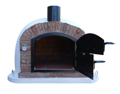 Ventura Sierra pizza oven with both halves of the Dutch door open showing the fire brick interior and cooking floor