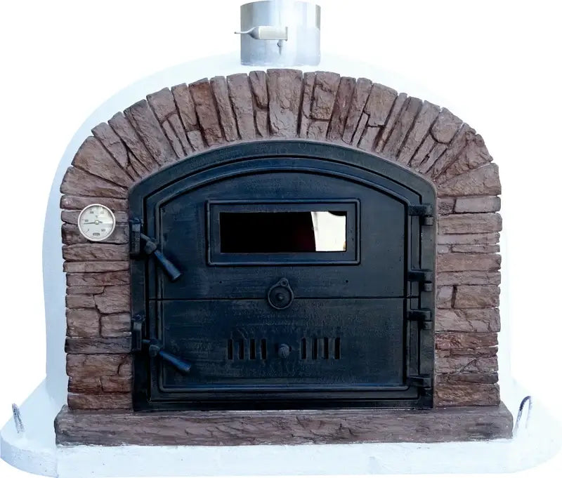 Authentic Pizza Ovens Ventura Sierra pizza oven, front view, reddish brown stacked stone facade with cast aluminum Dutch door, viewing window, and dial thermometer
