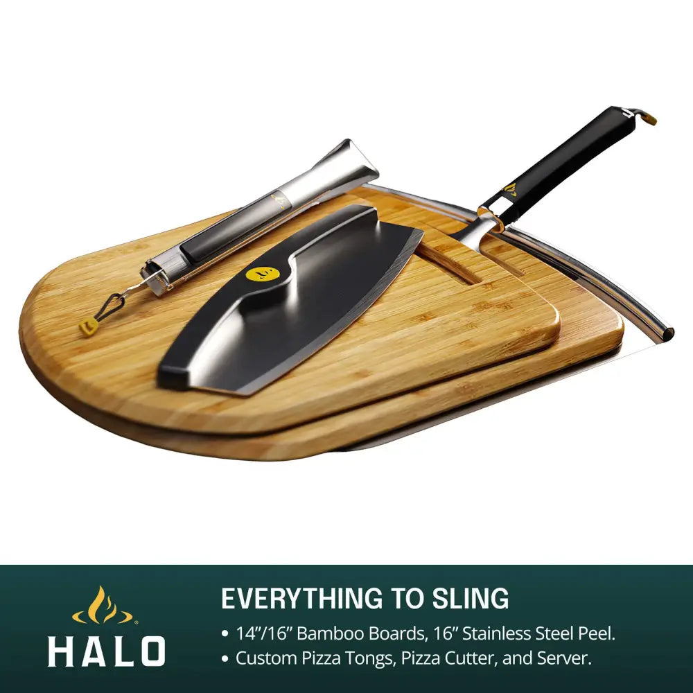 Halo Cook + Serve Pizza Kit with 14 and 16 inch bamboo boards, stainless peel, tongs, cutter, and server