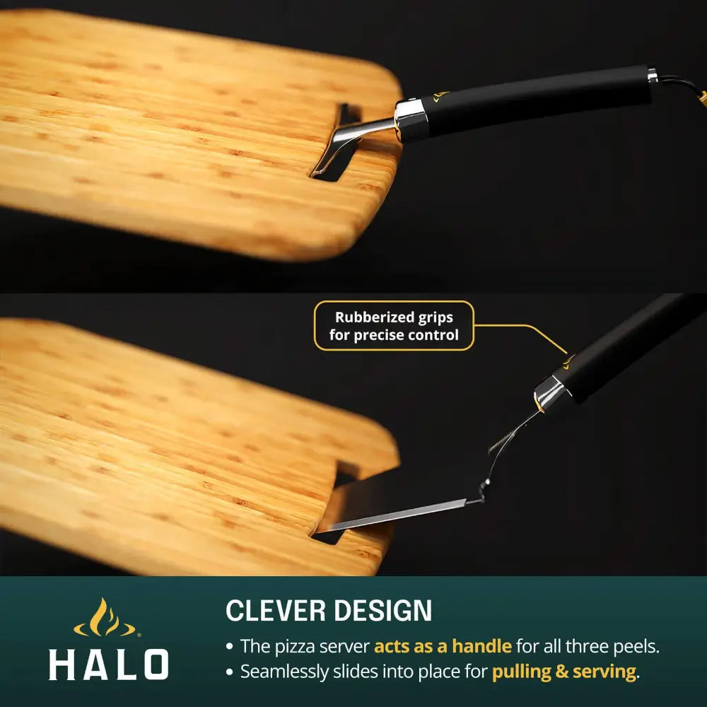Halo Cook + Serve Pizza Kit server handle sliding into place as the handle for all three peels