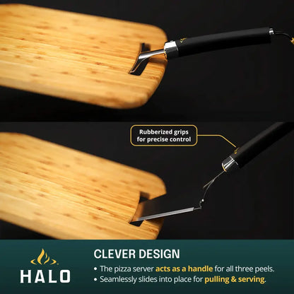 Halo Cook + Serve Pizza Kit server handle sliding into place as the handle for all three peels