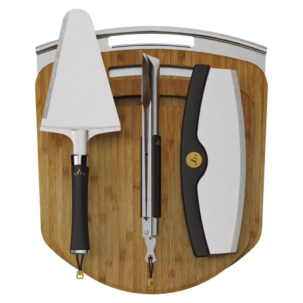 Halo Cook + Serve Pizza Kit 6-piece set with bamboo peels, stainless peel, cutter, tongs, and server